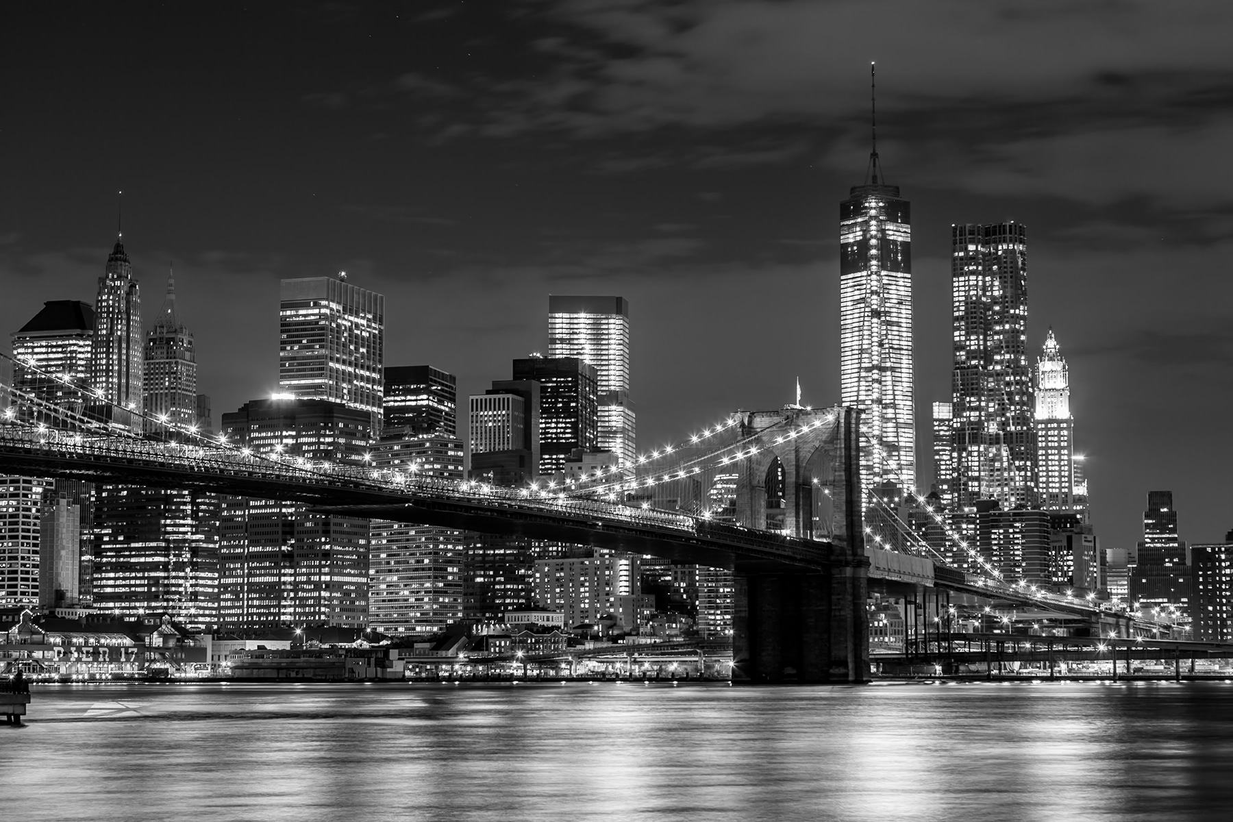 Bridge over water with city skyline at night
