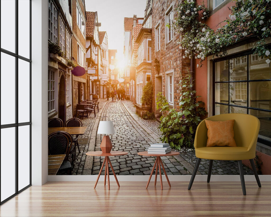 Street with buildings and tables and chairs Street with buildings and tables and chairs