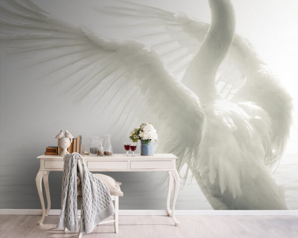 White swan with wings spread out in water White swan with wings spread out in water