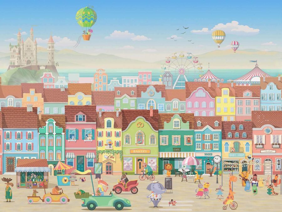 Cartoon town with many buildings and a ferris wheel