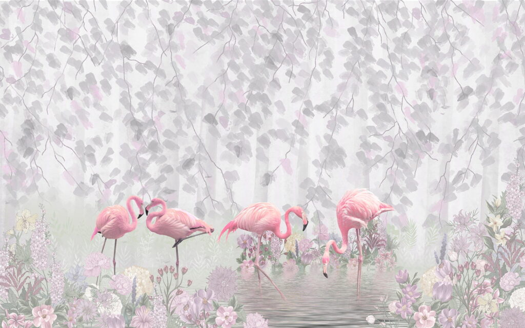 Group of pink flamingos in a pond with flowers Group of pink flamingos in a pond with flowers