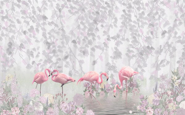 Group of pink flamingos in a pond with flowers Group of pink flamingos in a pond with flowers