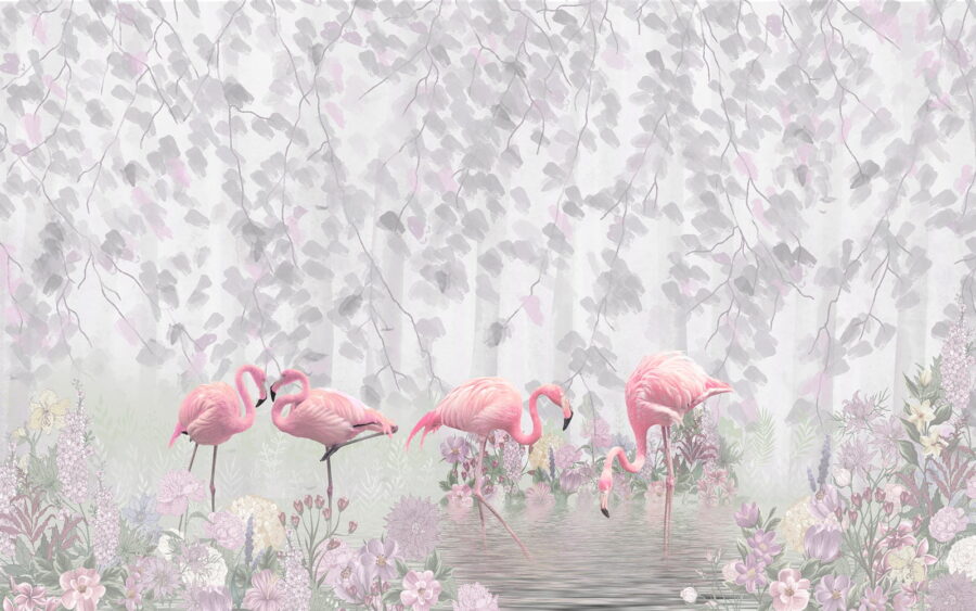 Group of pink flamingos in a pond with flowers