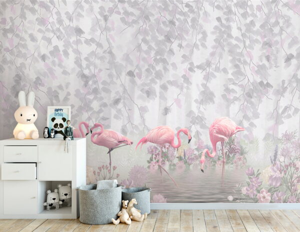 Group of pink flamingos in a pond with flowers Group of pink flamingos in a pond with flowers