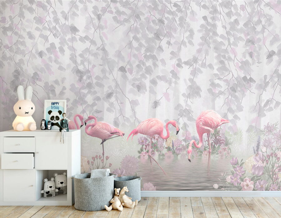 Group of pink flamingos in a pond with flowers