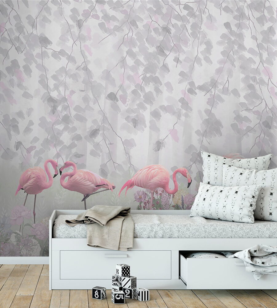 Group of pink flamingos in a pond with flowers