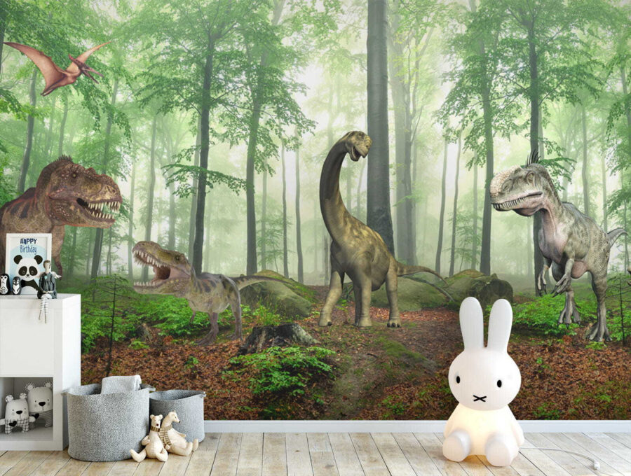 Group of dinosaurs in a forest