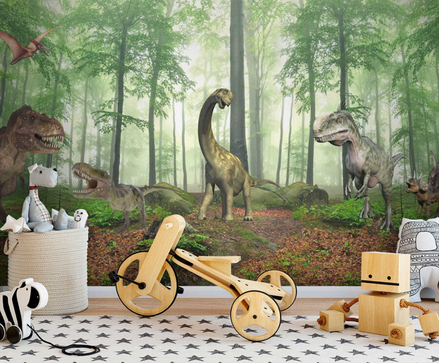 Group of dinosaurs in a forest