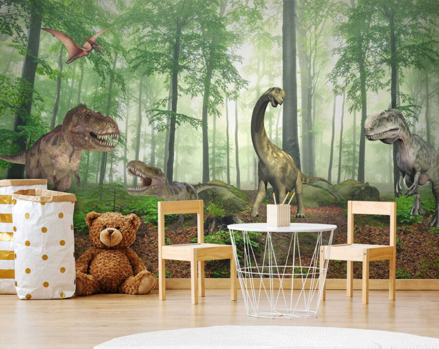 Group of dinosaurs in a forest