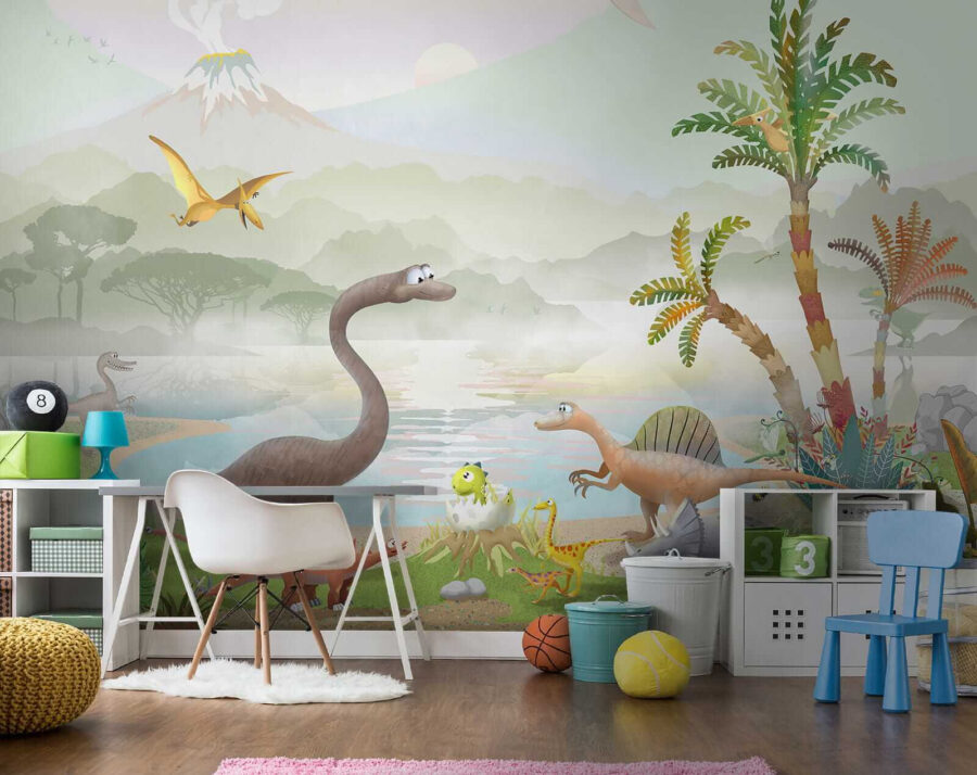 Group of dinosaurs near a lake