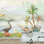 Wall murals Group of dinosaurs near a lake