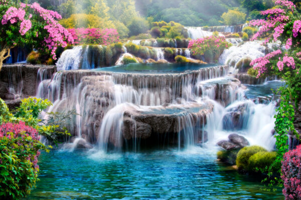 Waterfall with flowers and trees Waterfall with flowers and trees