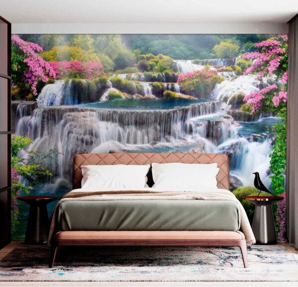 Waterfall with flowers and trees Waterfall with flowers and trees