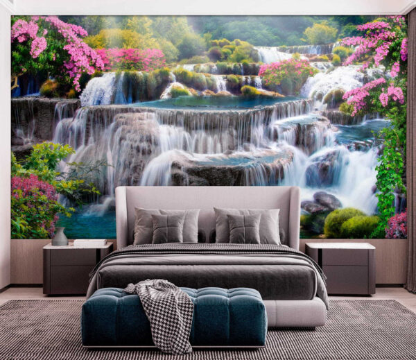 Waterfall with flowers and trees Waterfall with flowers and trees