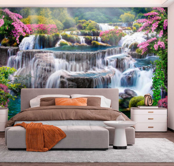 Waterfall with flowers and trees Waterfall with flowers and trees