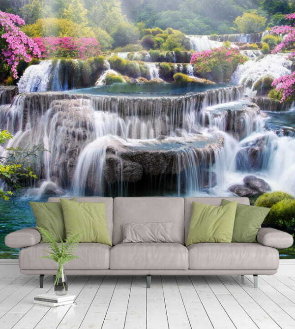 Waterfall with flowers and trees Waterfall with flowers and trees