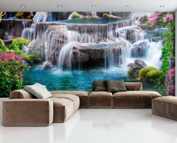 Waterfall with flowers and trees Waterfall with flowers and trees