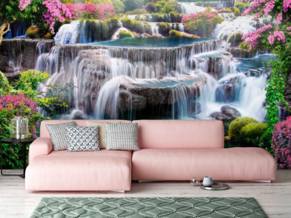 Waterfall with flowers and trees Waterfall with flowers and trees