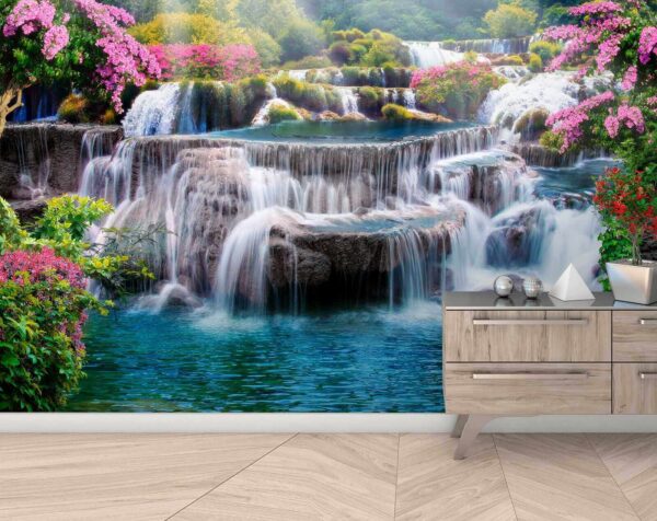 Waterfall with flowers and trees Waterfall with flowers and trees