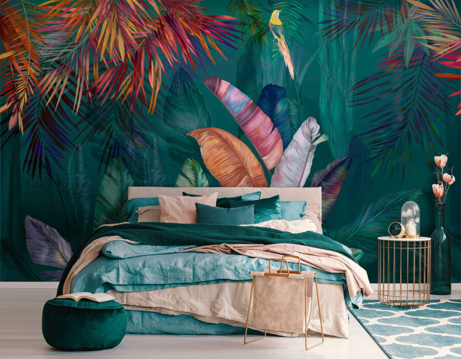Colorful tropical leaves and birds Colorful tropical leaves and birds