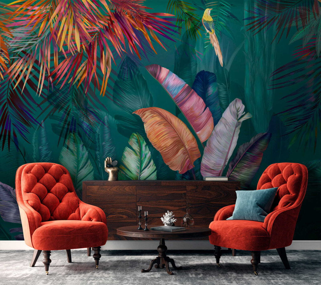 Colorful tropical leaves and birds Colorful tropical leaves and birds