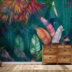 Wall murals Colorful tropical leaves and birds
