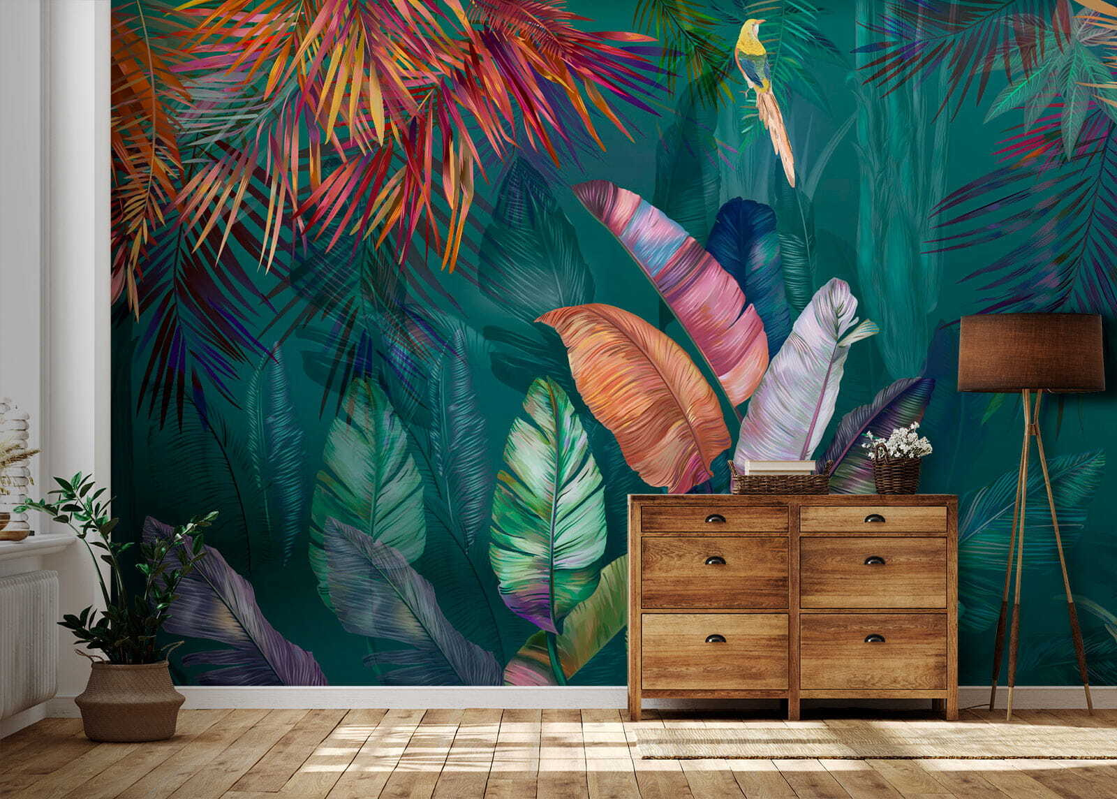 Colorful tropical leaves and birds Colorful tropical leaves and birds