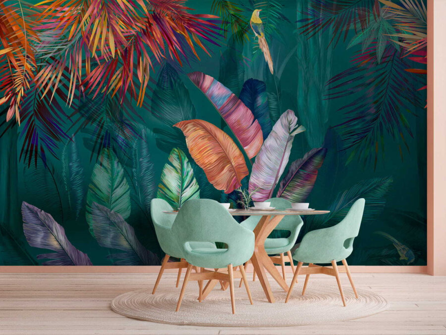 Colorful tropical leaves and birds Colorful tropical leaves and birds