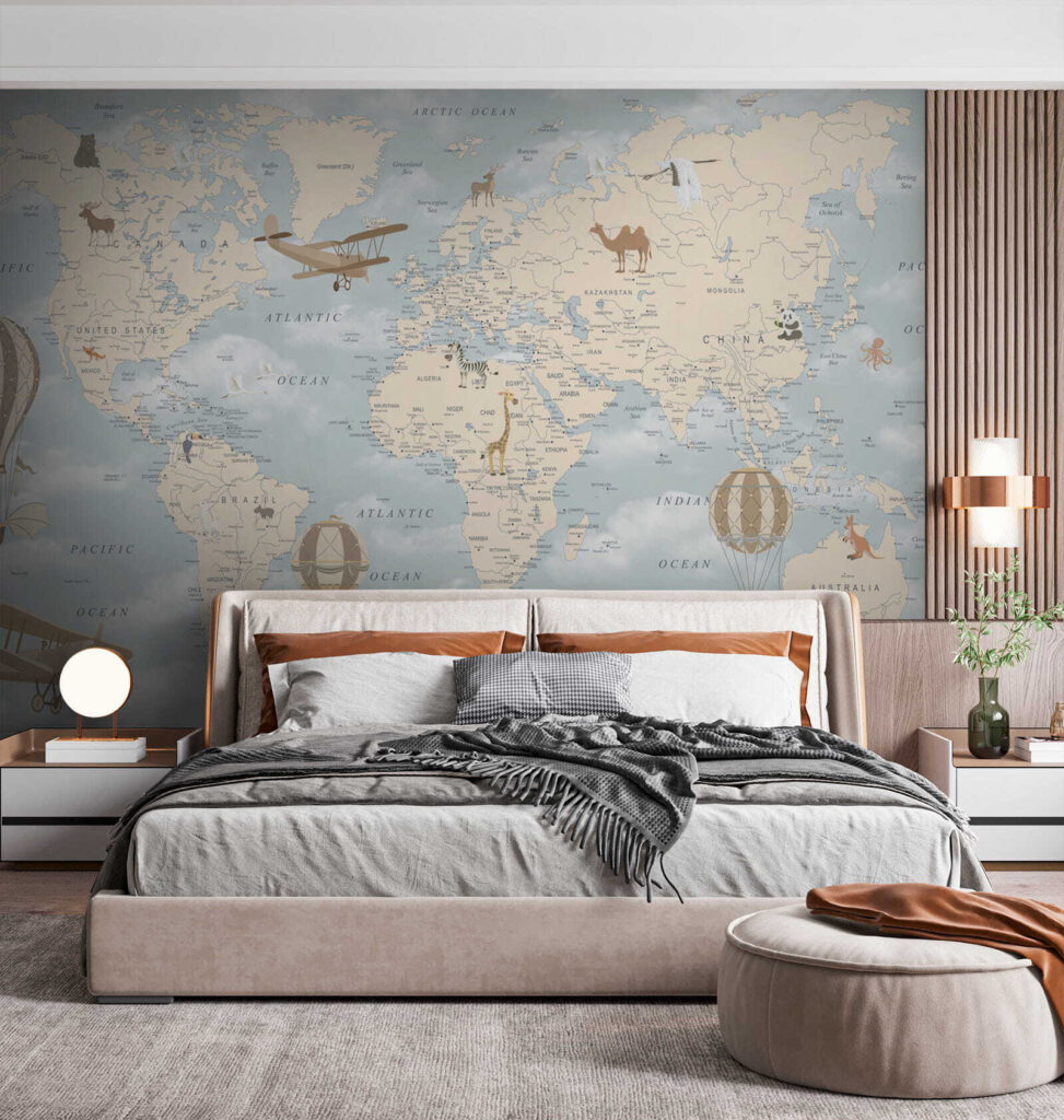 Map of the world with different animals and birds
