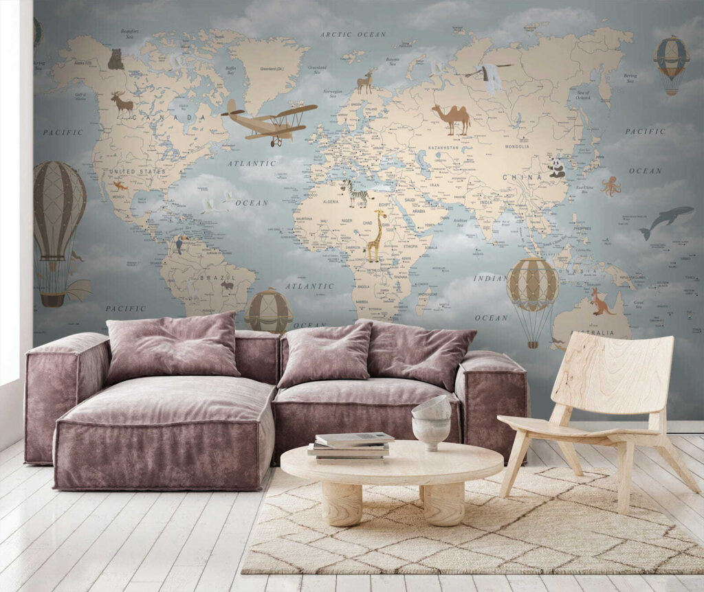 Map of the world with different animals and birds