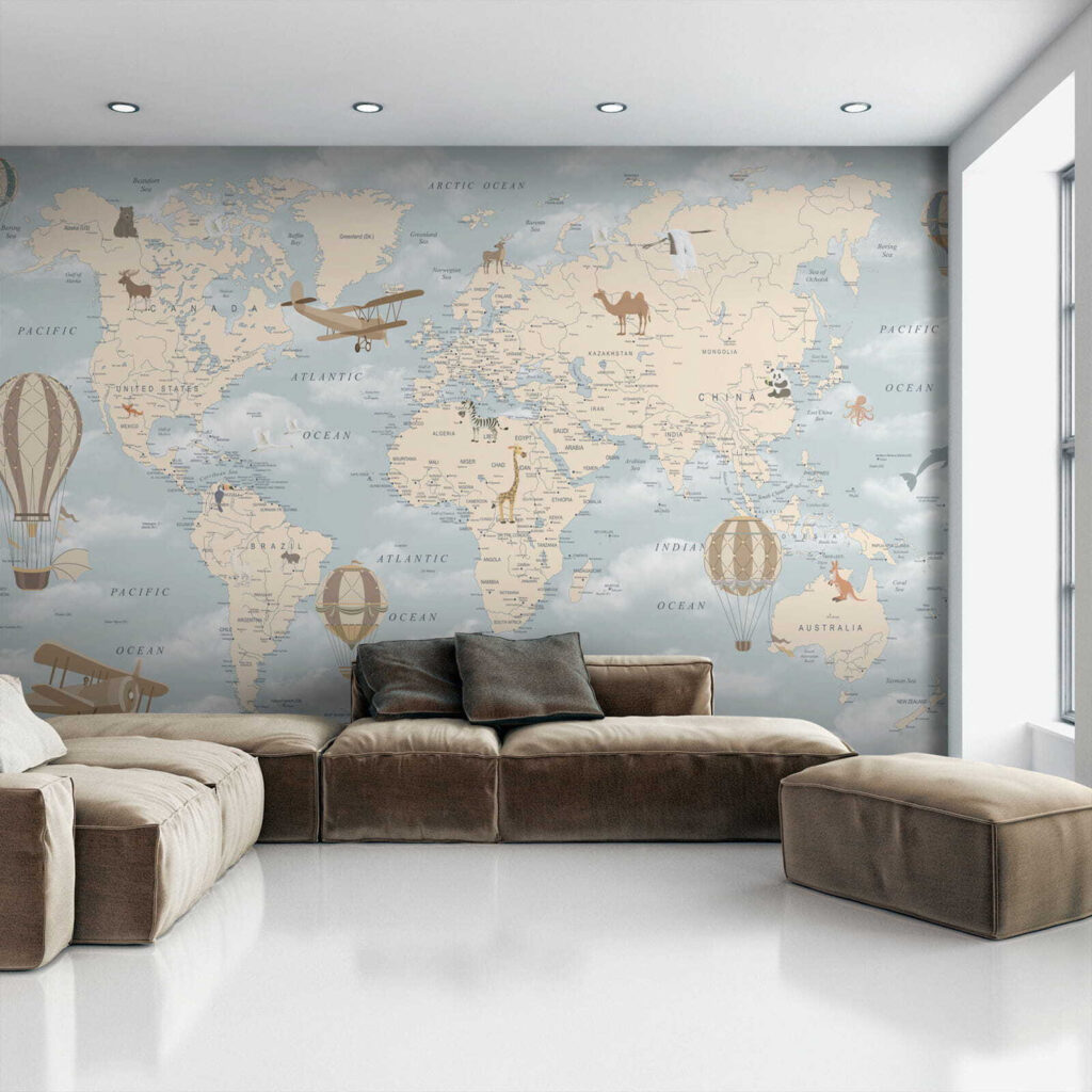 Map of the world with different animals and birds