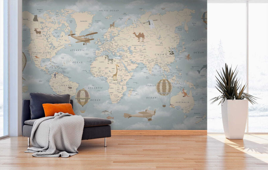 Map of the world with different animals and birds Map of the world with different animals and birds