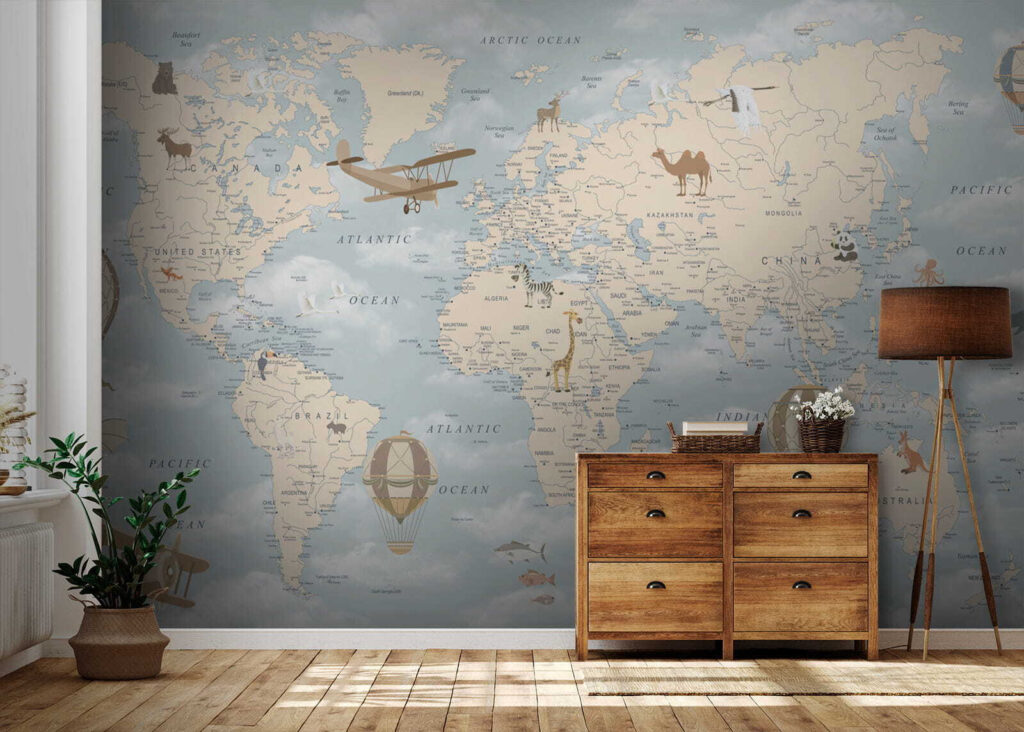 Map of the world with different animals and birds