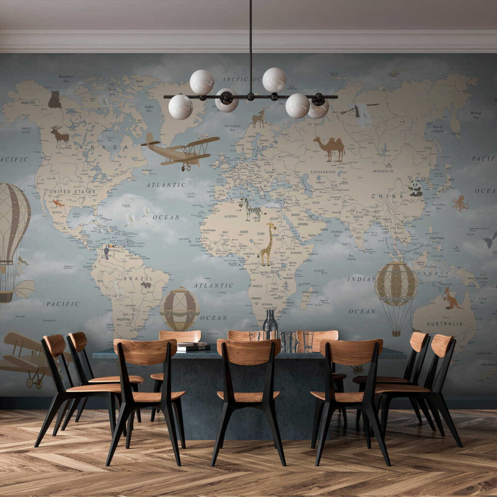 Map of the world with different animals and birds