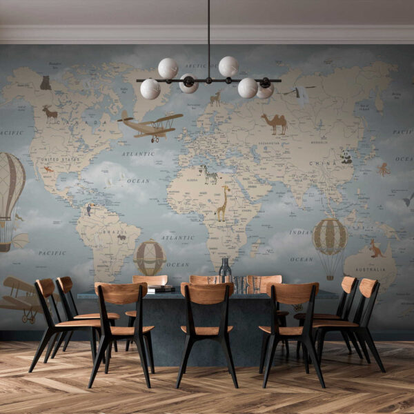 Map of the world with different animals and birds Map of the world with different animals and birds