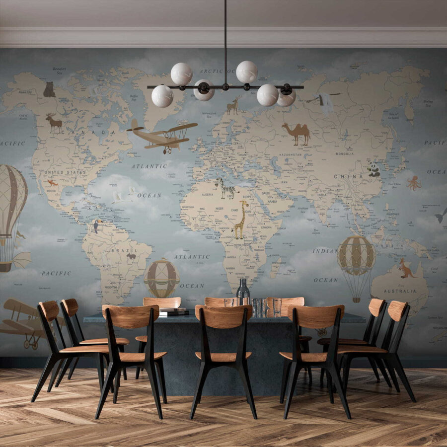 Map of the world with different animals and birds Map of the world with different animals and birds