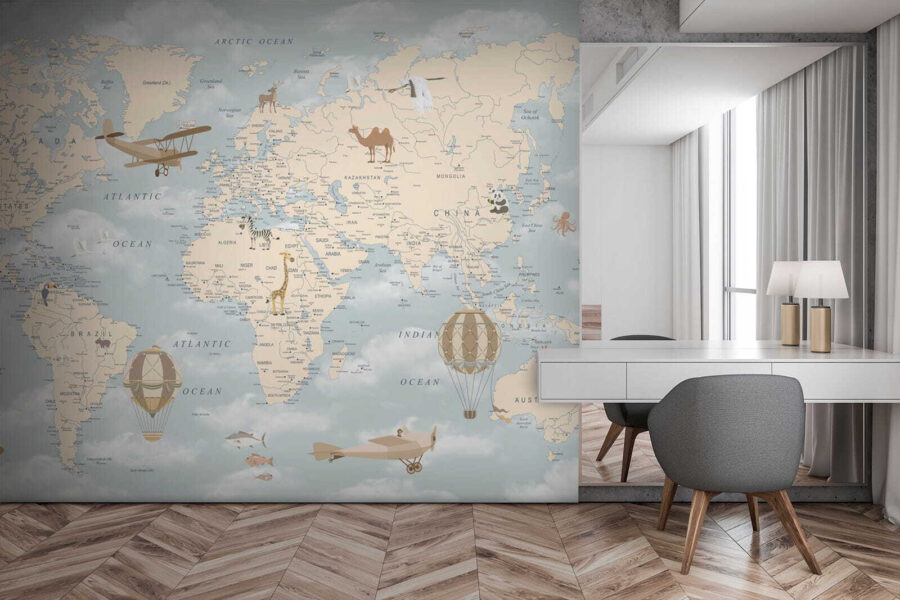 Map of the world with different animals and birds Map of the world with different animals and birds