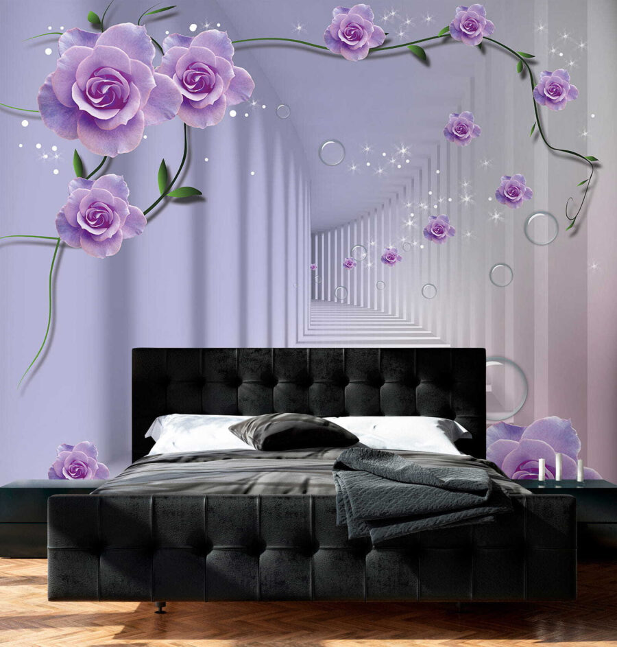 Wallpaper with purple roses and a staircase