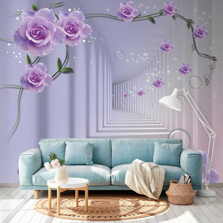 Wallpaper with purple roses and a staircase