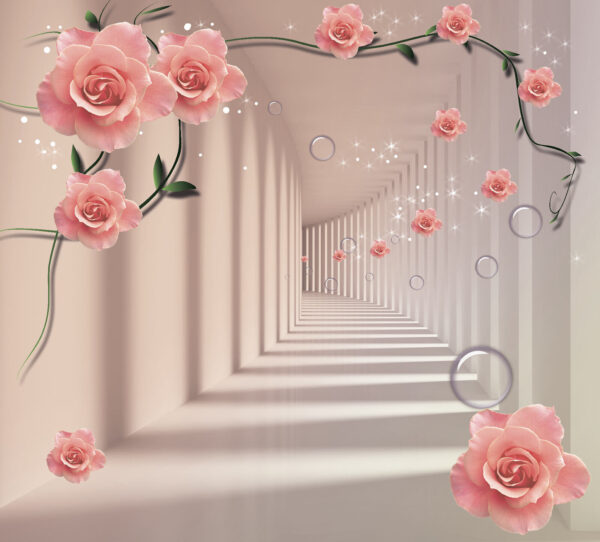 Wallpaper with pink roses and white stairs Wallpaper with pink roses and white stairs