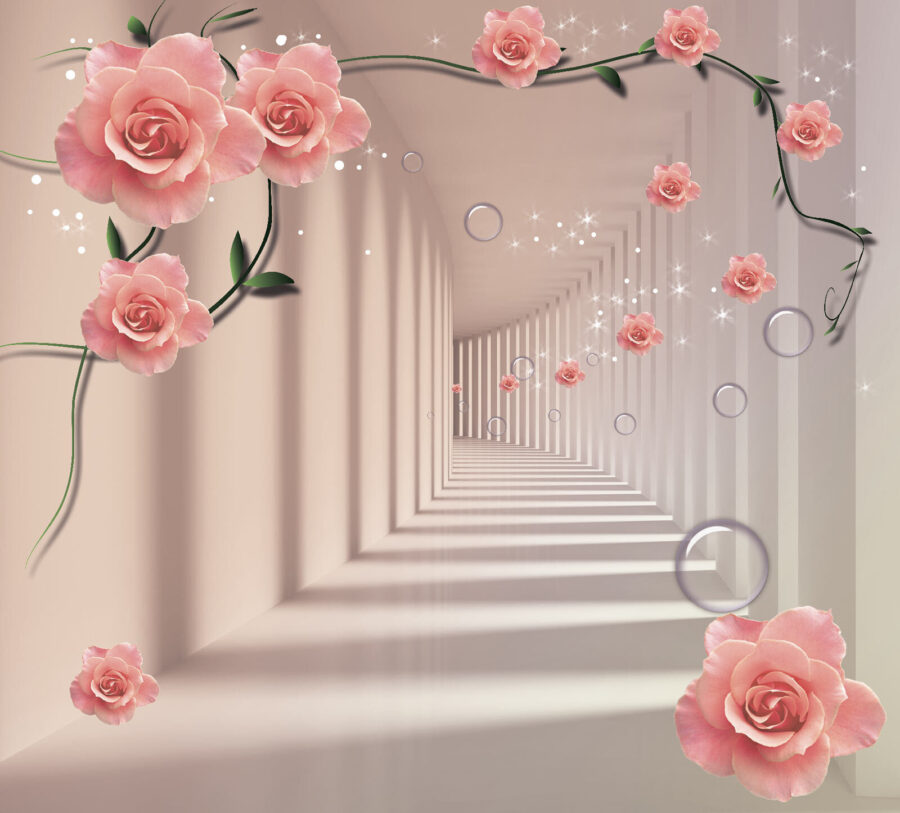 Wall murals Wallpaper with pink roses and white stairs - Image 5