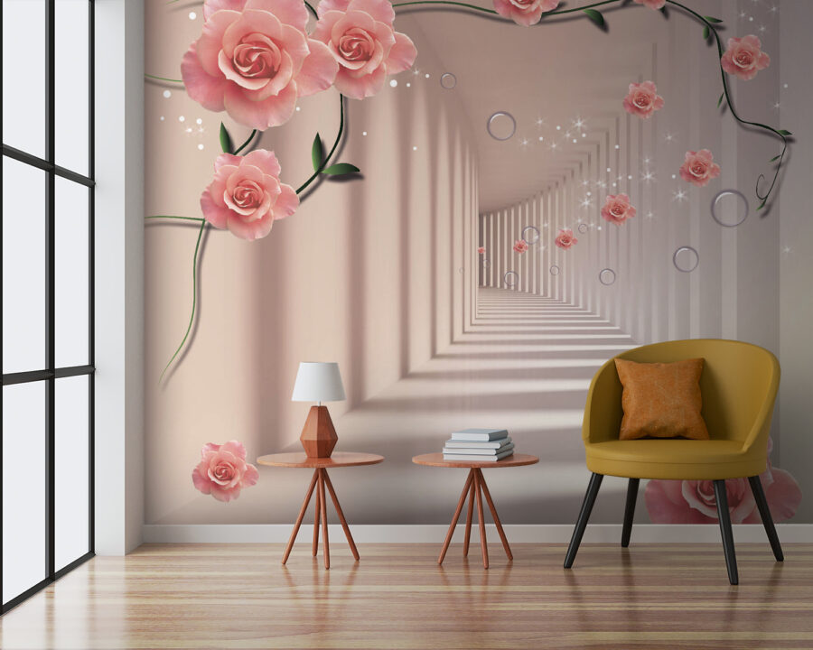 Wall murals Wallpaper with pink roses and white stairs - Image 2