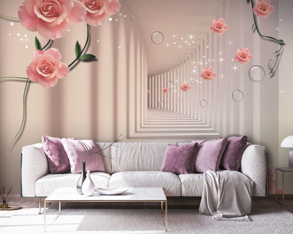 Wallpaper with pink roses and white stairs Wallpaper with pink roses and white stairs