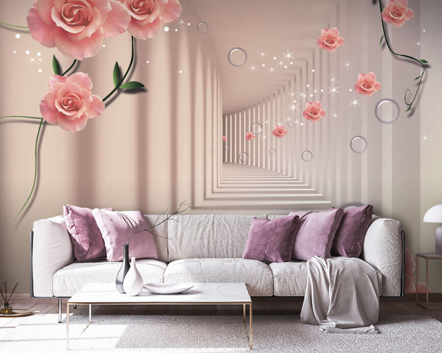 Wall murals Wallpaper with pink roses and white stairs - Image 3