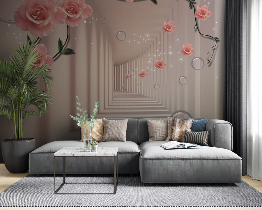 Wall murals Wallpaper with pink roses and white stairs - Image 4