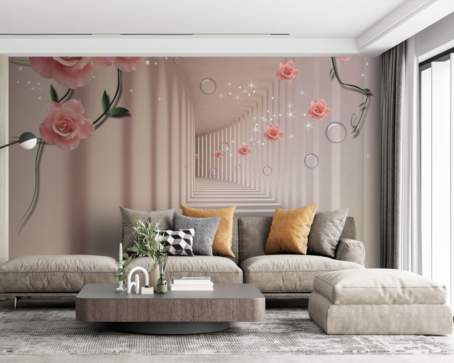 Wall murals Wallpaper with pink roses and white stairs