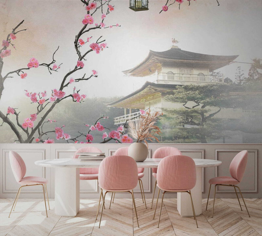 Tree with pink flowers and a building in the background