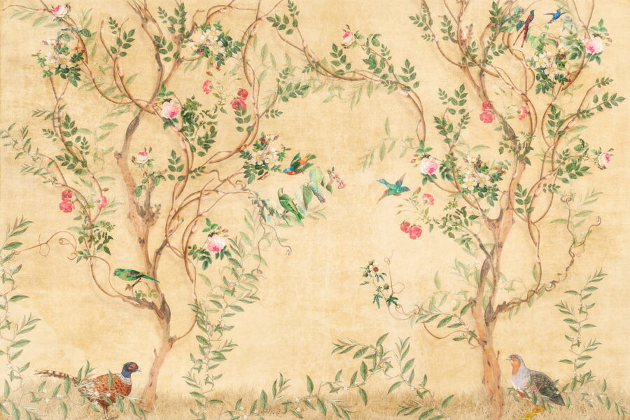 Wallpaper with birds and flowers