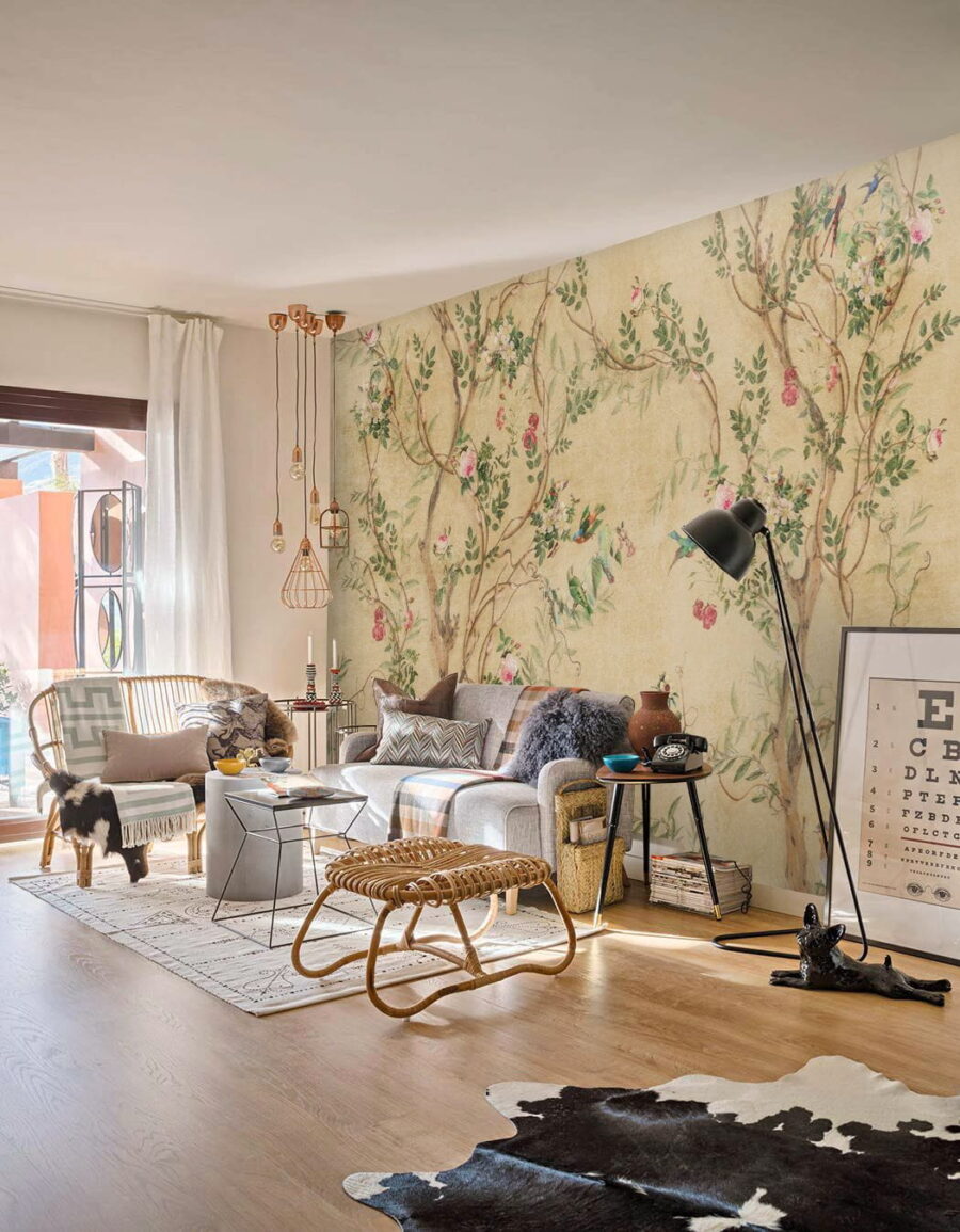 Wallpaper with birds and flowers