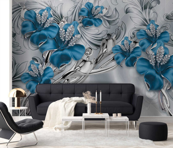 Silver and blue flowers on a silver and black background Silver and blue flowers on a silver and black background